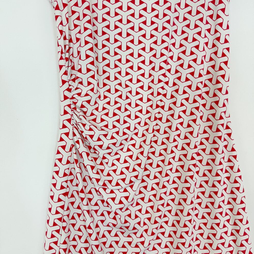 J. McLaughlin Sleeveless Ruched Dress Coral  & White Geometric Women's Medium - Picture 2 of 13